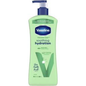 Vaseline Intensive Care soothing hydration lotion bottle with pump, light green packaging and blue cap