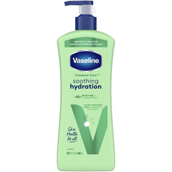 BEAUTÉNIUM Vaseline Intensive Care soothing hydration lotion bottle with pump light green packaging and blue cap