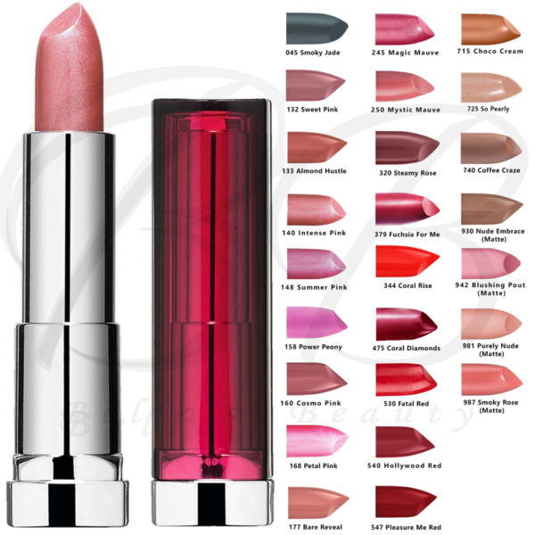 maybelline rouge a levres color sensational 2 – BEAUTÉNIUM BeautÉnium Two Lipstick Tubes on the Left with a Pink Shade Open and a Right side Grid of Lipstick Swatches with Color Names eg 045 Smoky Jade 245 Magic Mauve 715 Choco Cream