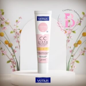 Tube of Venus CC cream on a white pedestal with a pink label, pink flowers in the background and the Venus logo visible on the base image set.