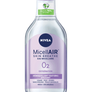 NIVEA MicellAIR O2 skin cleansing water in a clear bottle with purple label and cap (400 ml)