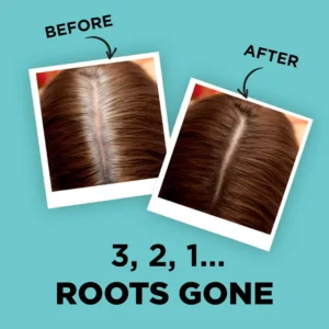 Before and after hair root transformation: left shows visible roots, right shows covered roots; caption reads '3, 2, 1... ROOTS GONE'.
