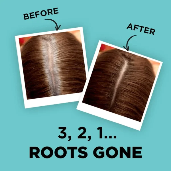 Before and after hair root transformation left shows visible roots right shows covered roots caption reads 3 2 1 ROOTS GONE