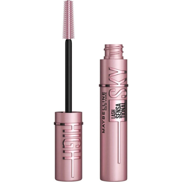 BEAUTÉNIUM Pink rose gold Maybelline Lash Sensational mascara tube with wand extended showing the pink bristle brush