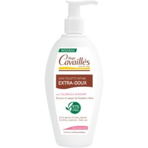 White pump bottle of intimate wash with green Nouveau label and brown 'Extra-Doux' text on label, calendula-infused daily use cleanser