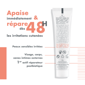 Promotional image showing a tube of dermatological cream with multilingual instructions on the label, beside bold peach-colored French text about soothing irritated skin for up to 48 hours.