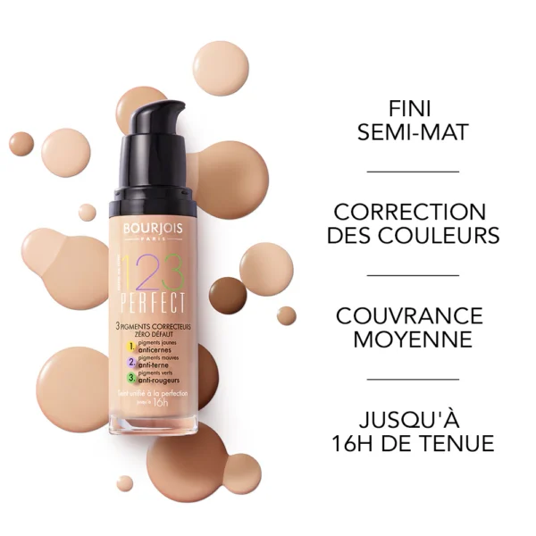 BEAUTÉNIUM Bourjois 123 Perfect foundation bottle with beige makeup droplets around it highlighting semi matte finish and color correction in French text on the right