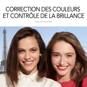 Two smiling women posing outdoors with the Eiffel Tower visible in the background; banner text about color correction and brightness control.