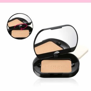 bourjois silk edition poudres 1 | BEAUTÉNIUM Open makeup compact showing beige pressed powder and a mirror with Bourjois Paris branding visible in the lid