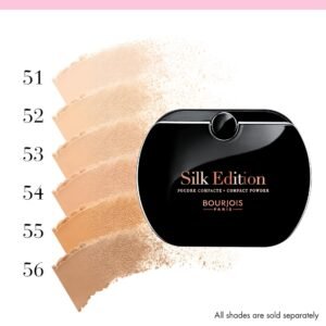 Advertisement image of Bourjois Silk Edition compact powder with peach powder swatches and shade numbers 51–56 along the left; text 'All shades are sold separately' appears bottom right.