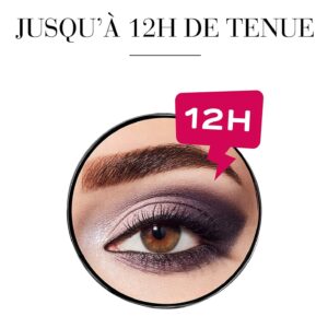Close-up of eye makeup in a circular frame with a pink 12H speech bubble and French slogan 'Jusqu'à 12H de tenue' above, indicating long-lasting product.