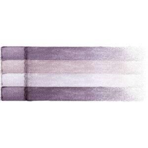 Palette of five purple lipstick shades in brush-stroke swatches, from dark plum to light lilac.