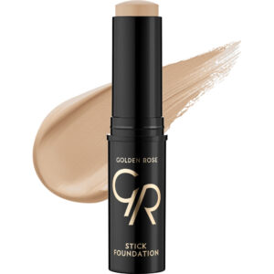 Stick foundation in a sleek black tube with gold logo and 'Golden Rose' text, beige shade visible; swatch smear behind the tube.