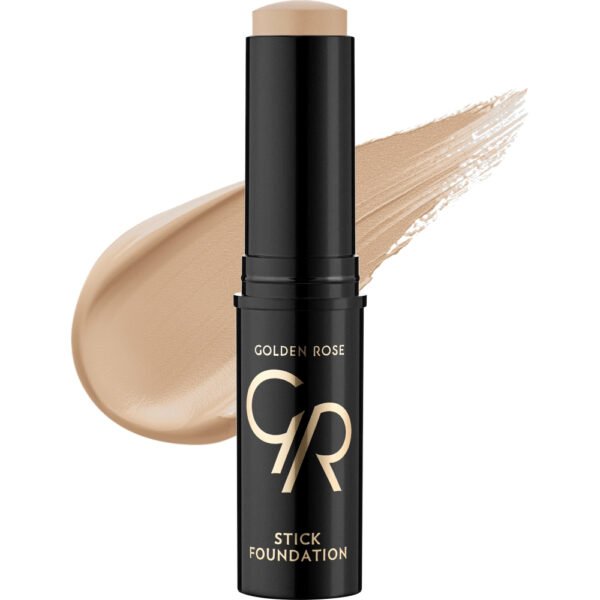 golden rose fond de teint stick 1 – BEAUTÉNIUM BeautÉnium Black Golden Rose Stick Foundation Tube with Beige Cap and a Beige Foundation Smear Behind It on a White Background