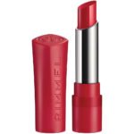 Red lipstick with the cap off bullet visible in a red case Rimmel