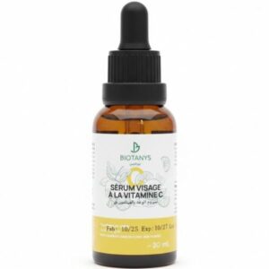 Brown glass dropper bottle of Biotanys Vitamin E facial serum, 30 ml, with dropper cap for precise application.