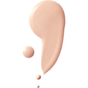 Peach-colored liquid splash forming a curved teardrop shape with small droplets trailing downward.