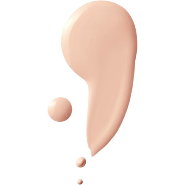 BeautÉnium Peach colored Liquid Splash Forming a Curved Teardrop Shape with Small Droplets Trailing Downward